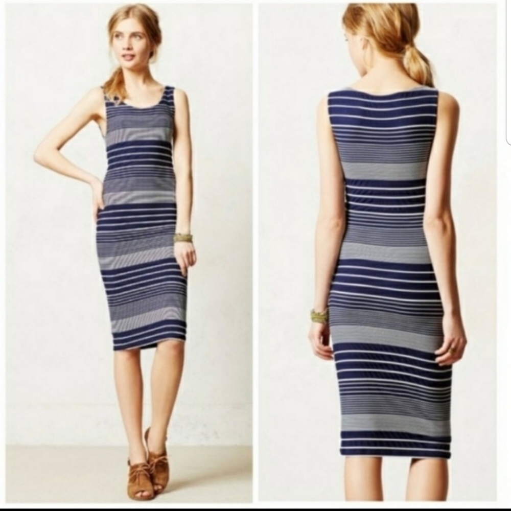 Anthropologie Maeve Edisto Dress Striped Tank Midi Navy White Bodycon Column XS